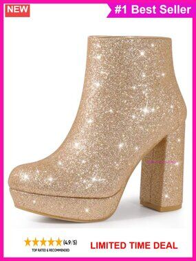 Glitter Platform Round Toe Chunky Heels Ankle Boots